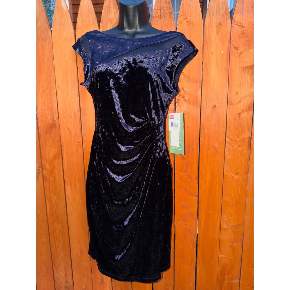 Scarlett Navy Blue Crushed Velvet Mesh Neck Ruched Sheath Cocktail Dress Size 4